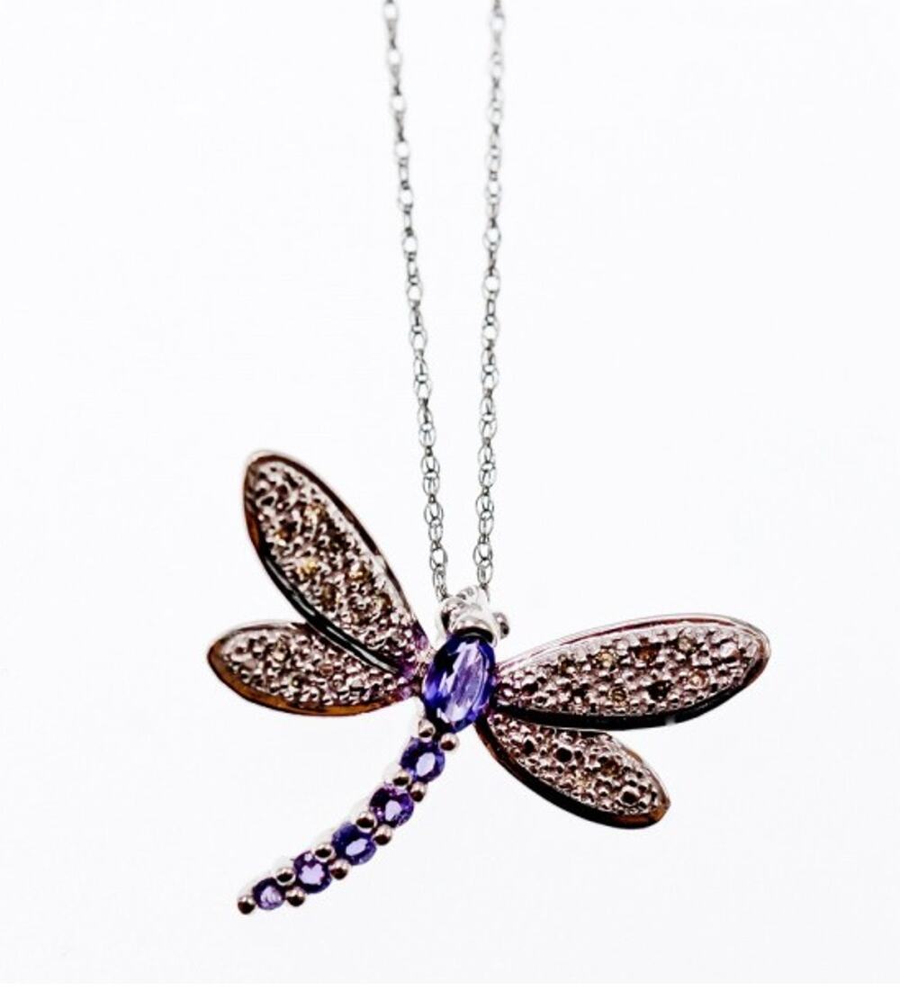 10K White Gold Tourmaline & Diamonds Dragonfly Necklace & Pendant
